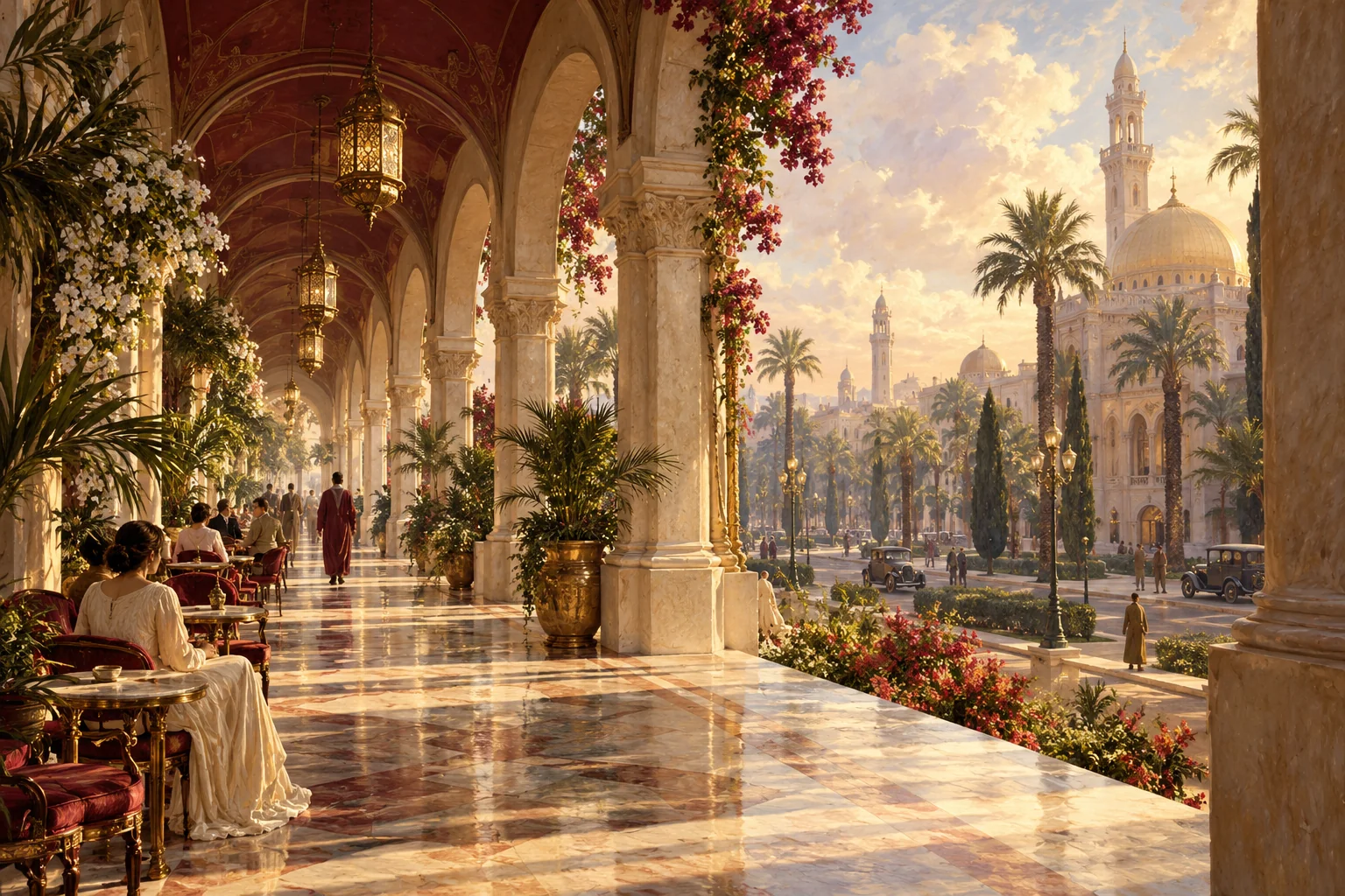 An imaginative painting of a sunlit Egyptian boulevard and arcades