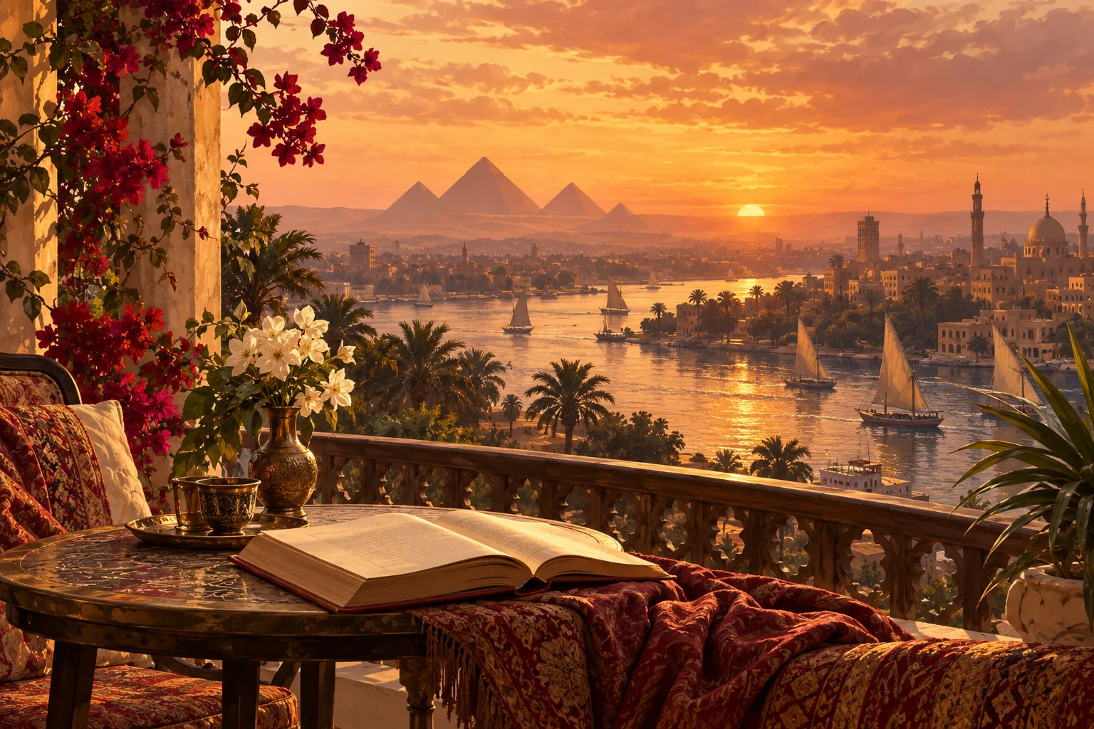 An imagined Nile panorama at sunset, with an open book on a balcony