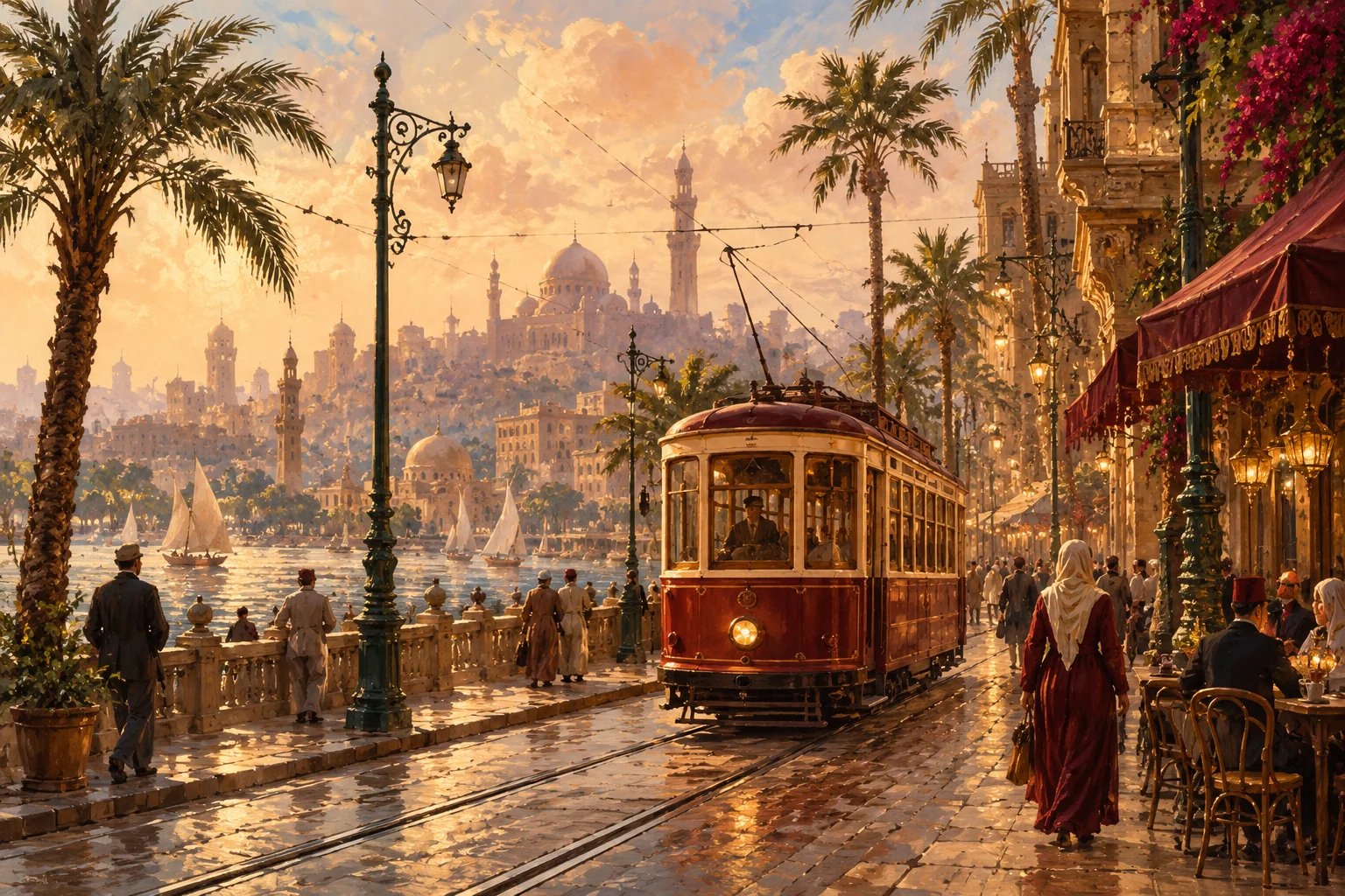 An imaginative Egyptian street scene with a vintage tram and warm evening light